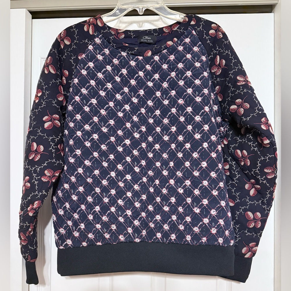 *Michel Klein Navy Floral Patterned 100% Silk Quilted Top - Size Small